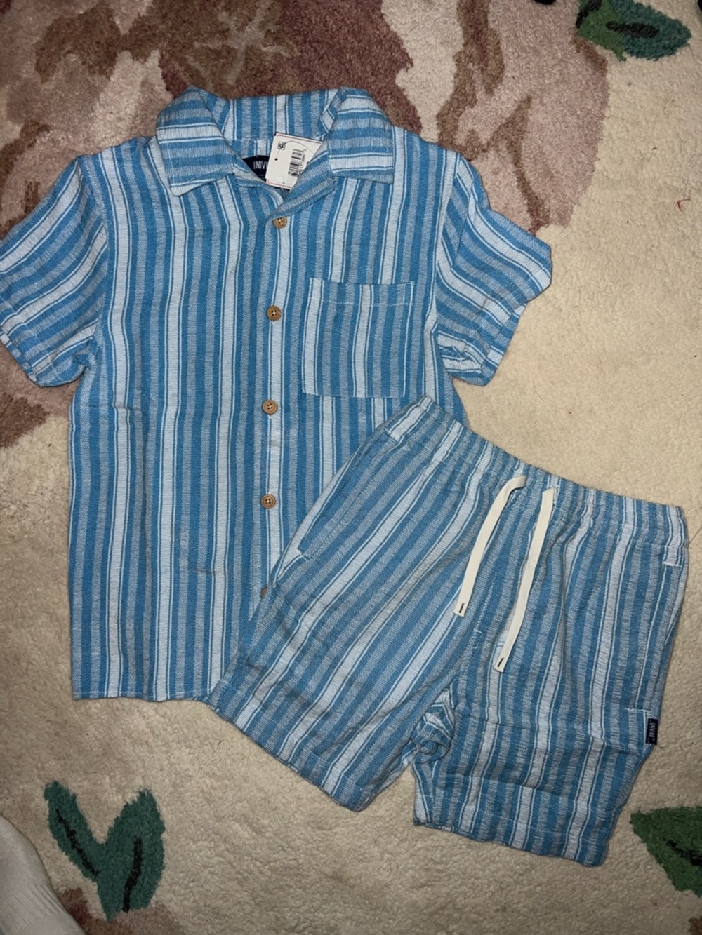 NEW Univibe Short Sleeve Boys Matching Set Button Down with Drawstring Shorts